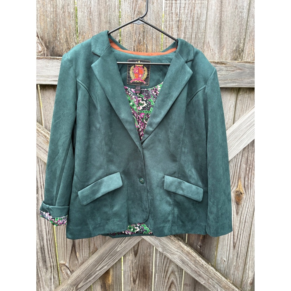 Isaac Mizrahi Live Estate Faux Suede Blazer Green Paisley Lining XLP Petite XL